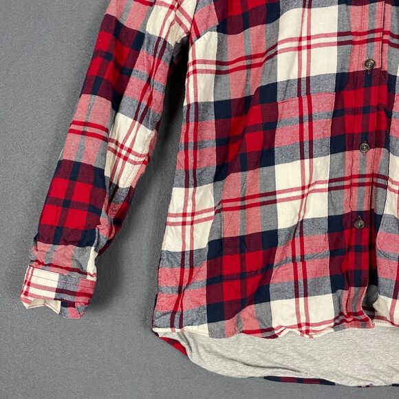 Eddie Bauer Shirt Jacket Women's XL Red Ivory Plaid Hi-Low Button Front Hooded - Picture 5 of 16